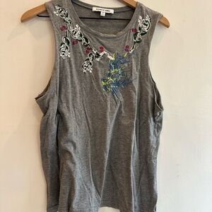 Elizabeth and James Gray Embroidered Sleeveless Tank with Floral Accents